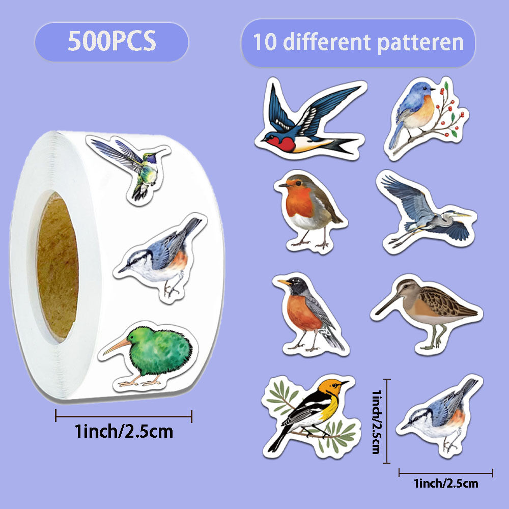 500Pcs/Roll Creative Bird Roll Stickers - Envelope Seal & Journal/Water Bottle D