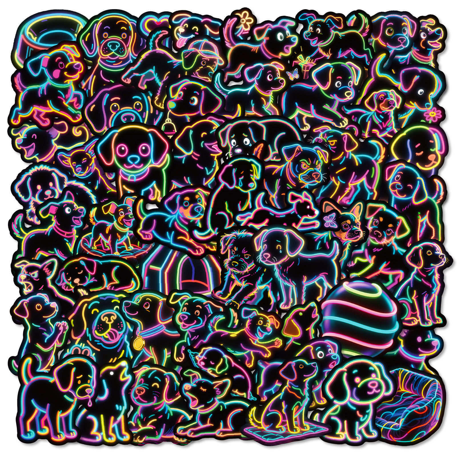 56/112PCS Neon Cartoon Dog Graffiti Stickers Creative Colorful Lantern Cartoon D