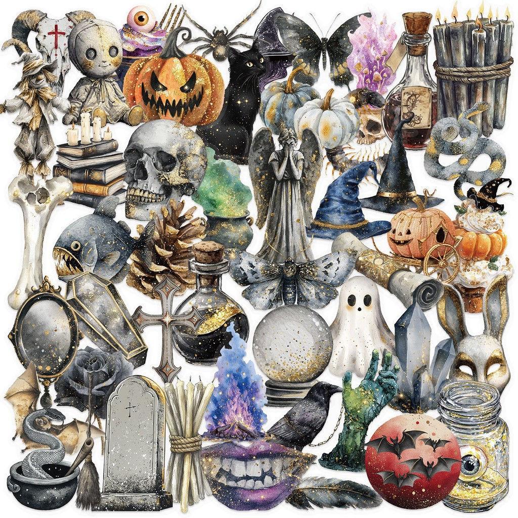 50-Piece Retro Watercolor Halloween Stickers - PET Waterproof Decorative Decals