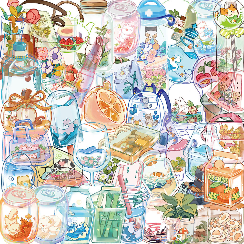 50pcs Clear Glass Flowers Plants and Animals PET Sticker Aesthetic Decoration Sc