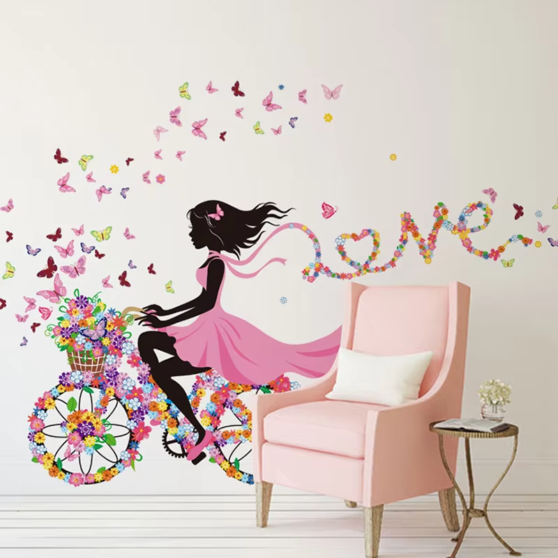 Thumbnail: Butterfly Bike Girl Wall Sticker Home Decoration Removable Flower Bicycle Wall D