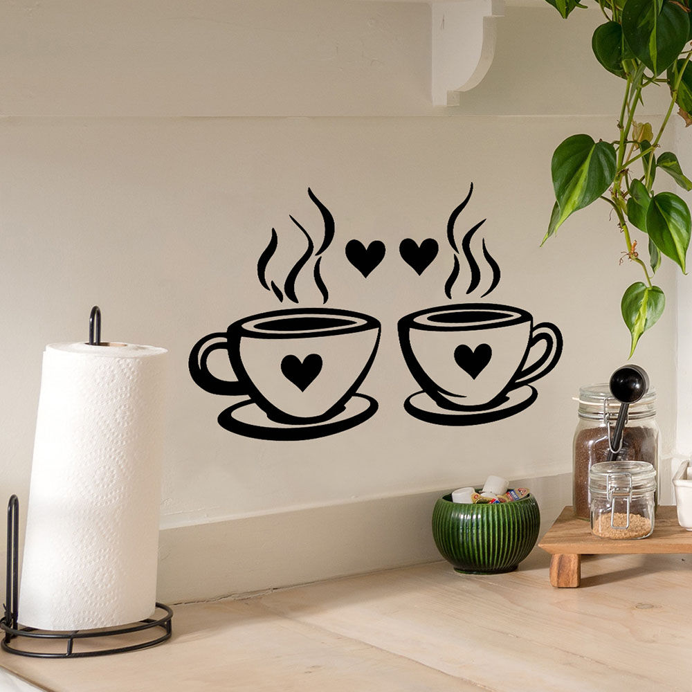 A pair of heart-shaped coffee cups with creative detachable PVC wall stickers fo