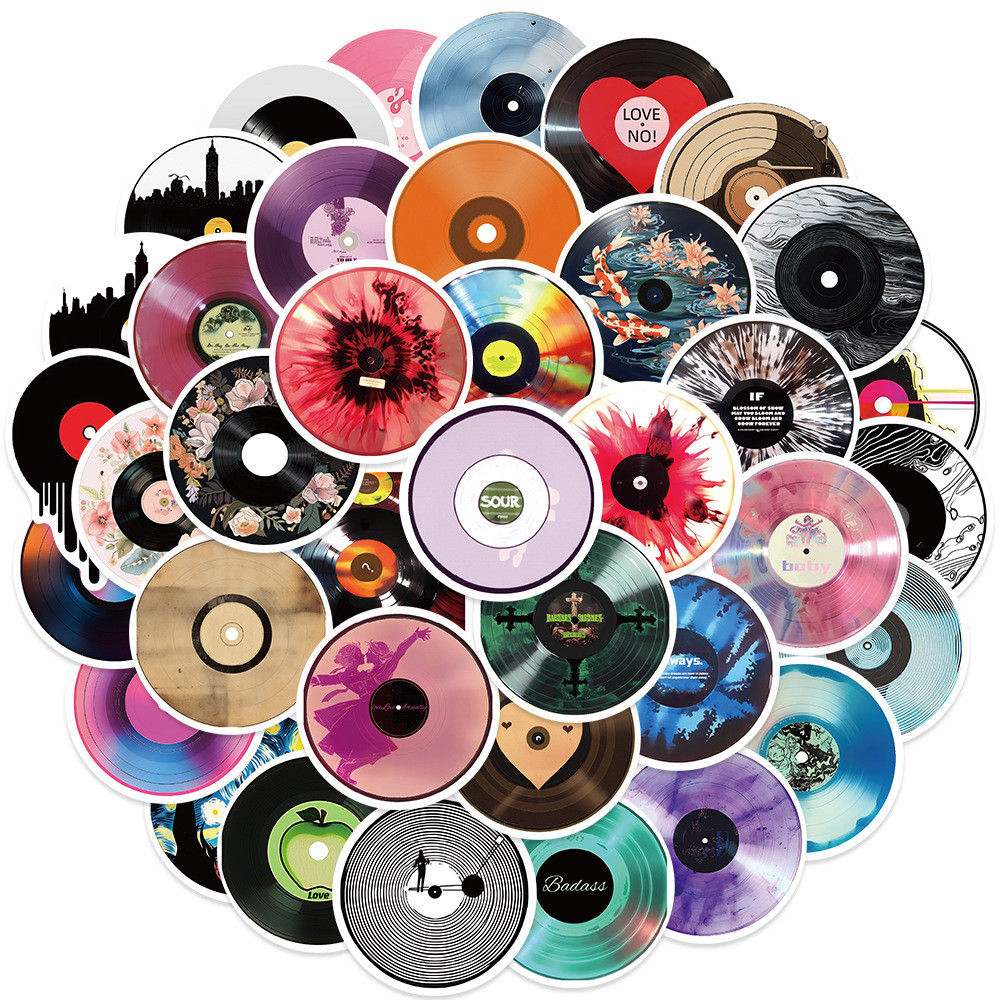 50PCS Vinyl CD Record Graffiti Stickers - Adhesive PVC Decals for Luggage, Scoot