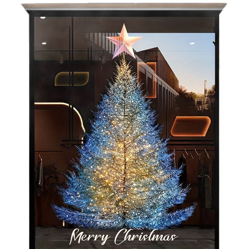 Thumbnail: Blue Gold Christmas Tree Electrostatic Sticker Window Glass Decor Waterproof Wal