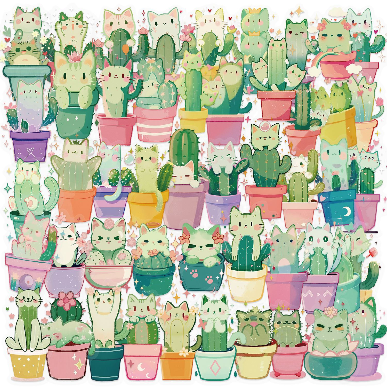 50/100PCS Cartoon Cat Cactus Sticker Pack Waterproof Transparent PET Booklet Dec