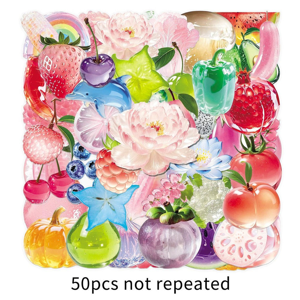 50-Piece Sparkling Transparent Stickers Fresh Cute Fruit Rainbow Graffiti Waterp