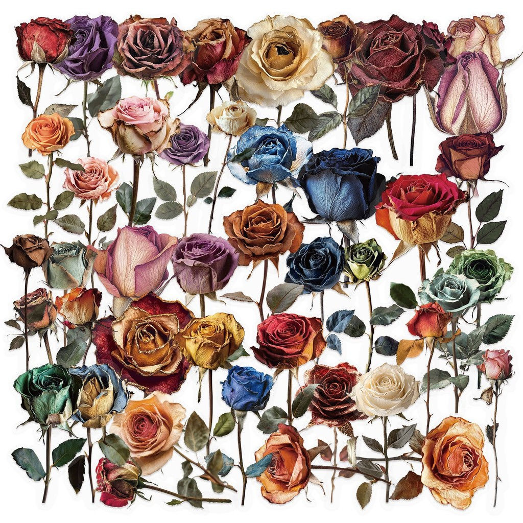 50PCS Transparent Dried Flower Sticker Pack - Waterproof Clear PET for Scrapbook