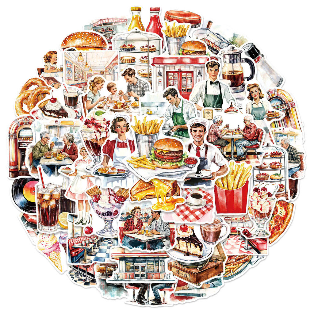 50 Unique Vintage Restaurant Stickers - Reusable Waterproof Decals for DIY Decor