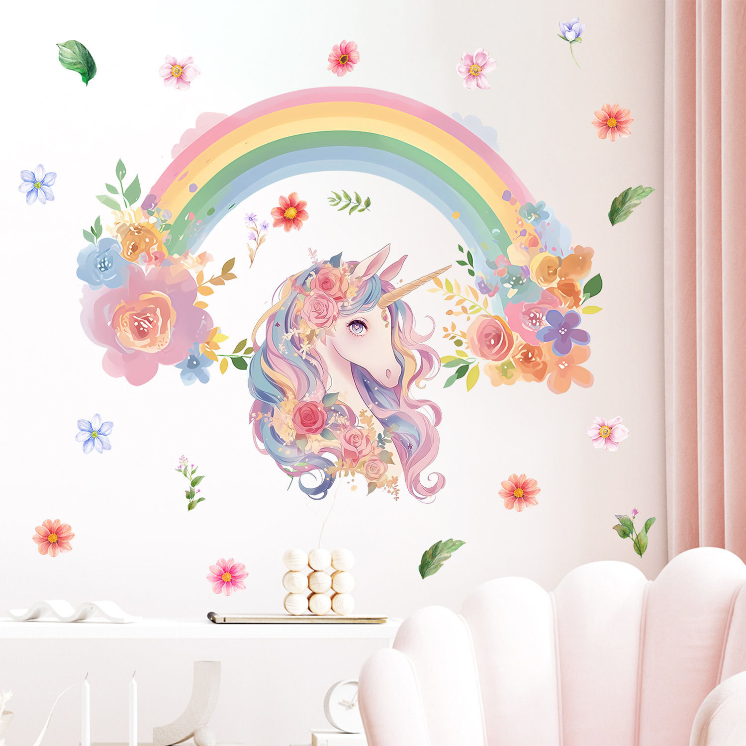 Watercolor Unicorn Rainbow Wall Stickers, Removable Peel And Stick PVC Wall Deca