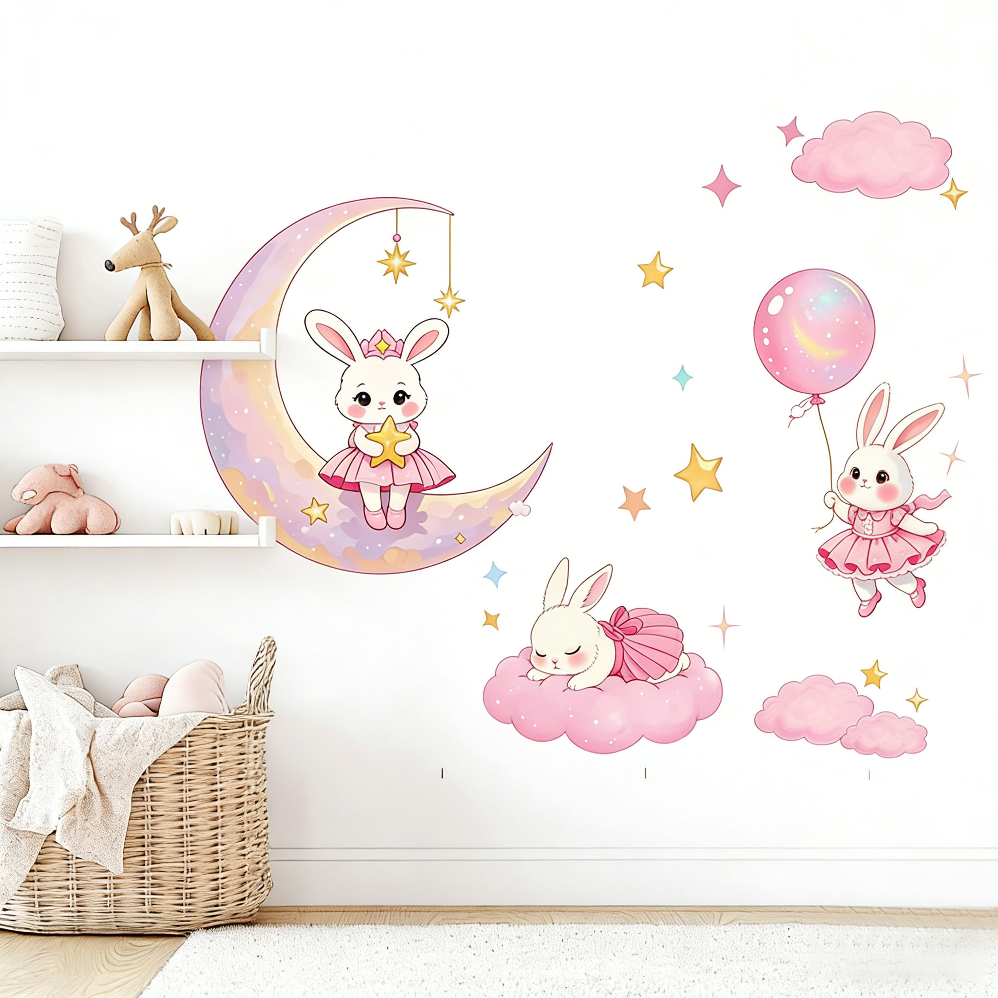 Pink Sleeping Rabbit Moon Decal Wall Sticker for Children's Room Bedroom Living 