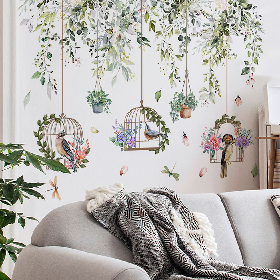Thumbnail: Green Leaves Plant Birdcage Wall Stickers Home Decoration Bedroom Living Room De