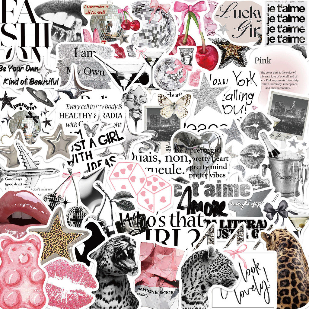 50Pcs Vintage Silver Lucky Girl Series Stickers PVC Waterproof Decals for Skateb