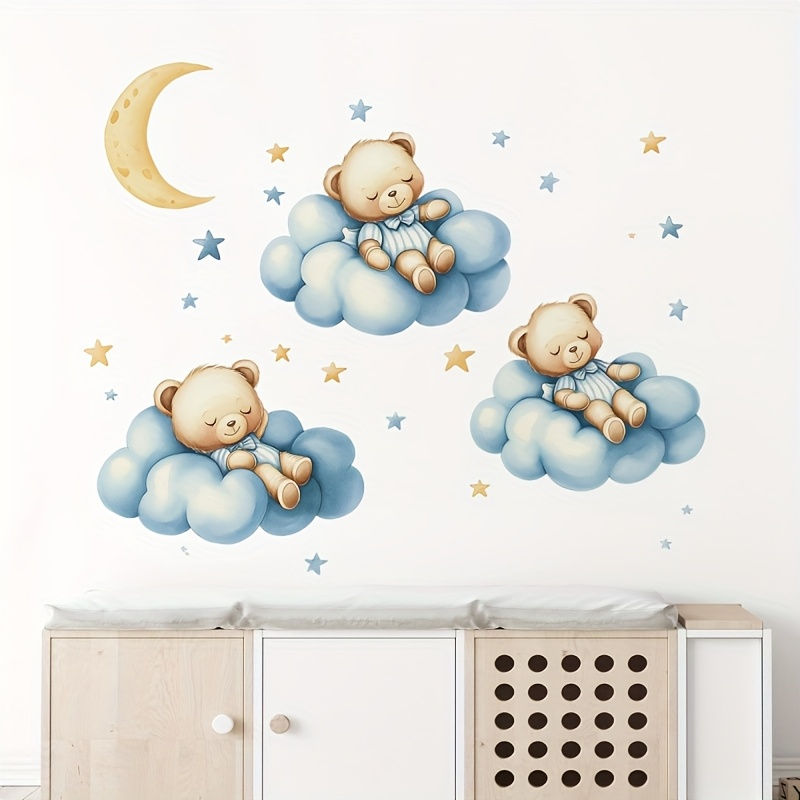 Thumbnail: 1pc Colorful Night Sky Clouds Sleeping Bear Sticker Self-Adhesive Wall Decal for