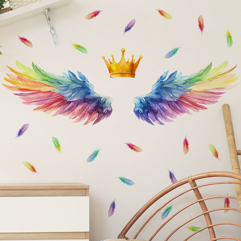Thumbnail: Removable Fantasy Wall Sticker, Rainbow Angel Wings with Golden Crown & Feathers