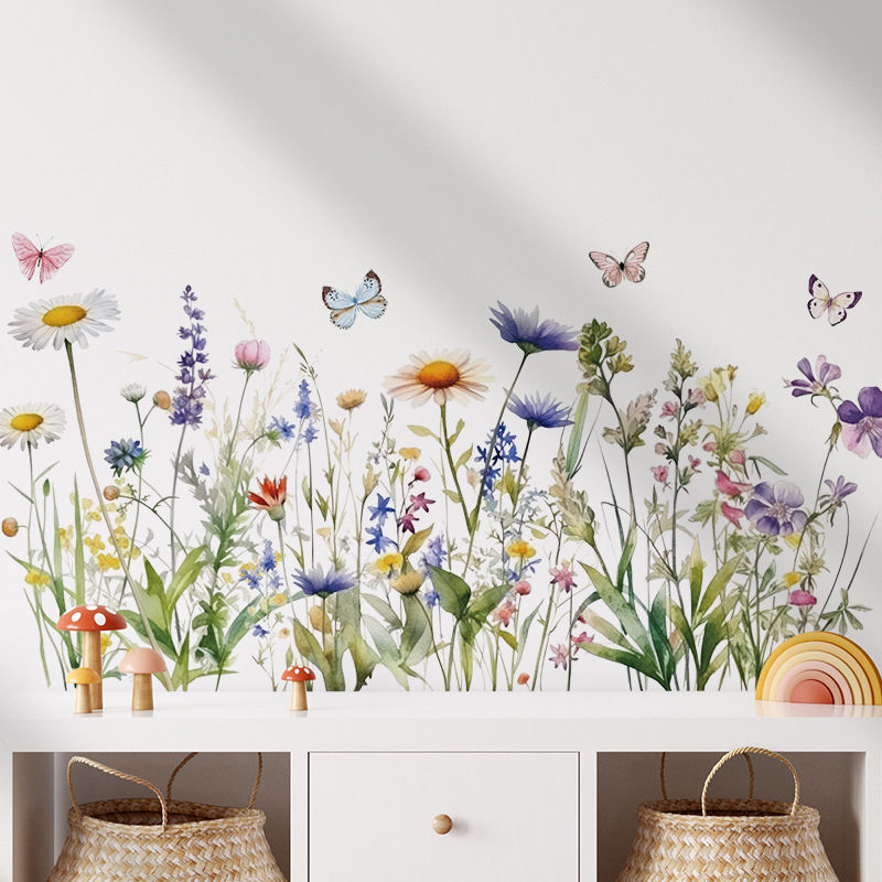 Thumbnail: 2pcs/set Artistic PVC Wall Decal, Nordic Style Flower And Butterfly Mural, Self-