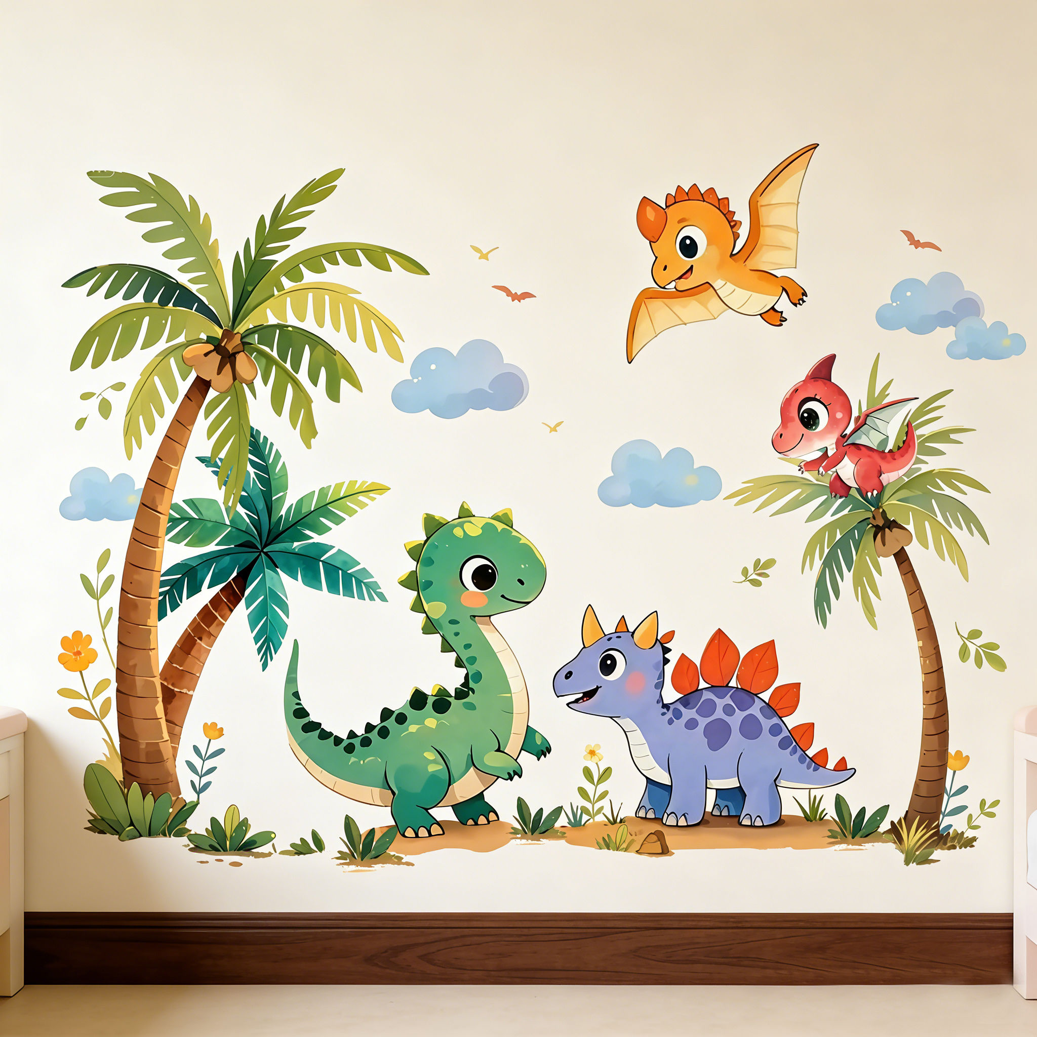 Dinosaur Theme Nursery Wall Decals Self-Adhesive Cartoon Door Stickers for Child