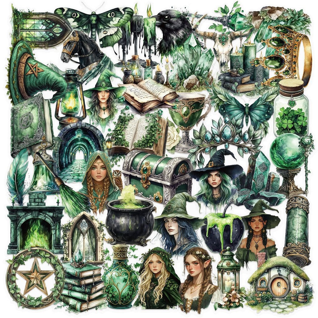 50PCS Transparent Forest Witch Sticker Pack - Waterproof Clear PET for Scrapbook