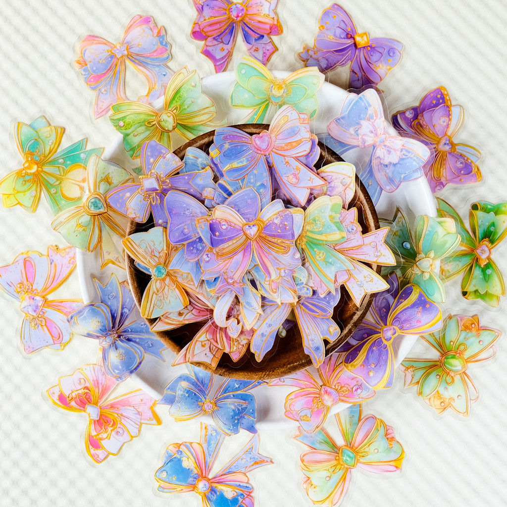 56 PCS New Version Dreamy Bowknot Transparent PET Stickers Iridescent Creative H