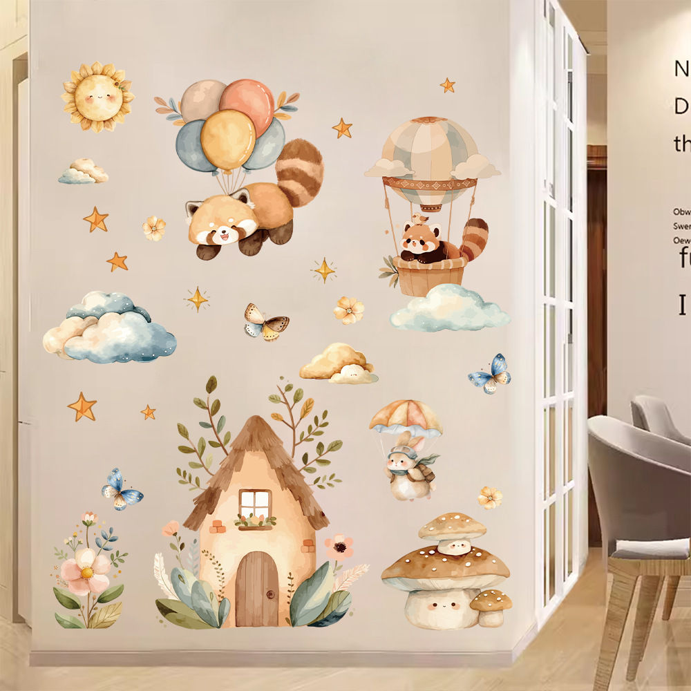 Watercolor Animals Hot Air Balloon House Wall Stickers for Kids Room Baby Nurser
