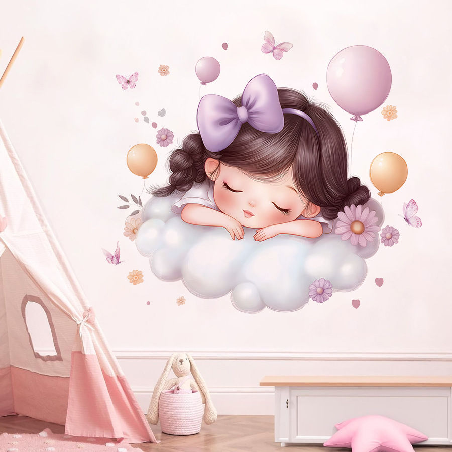 Thumbnail: Cute Cartoon Girl Cloud Balloon Wall Sticker Nursery Kids Room Decor Removable S