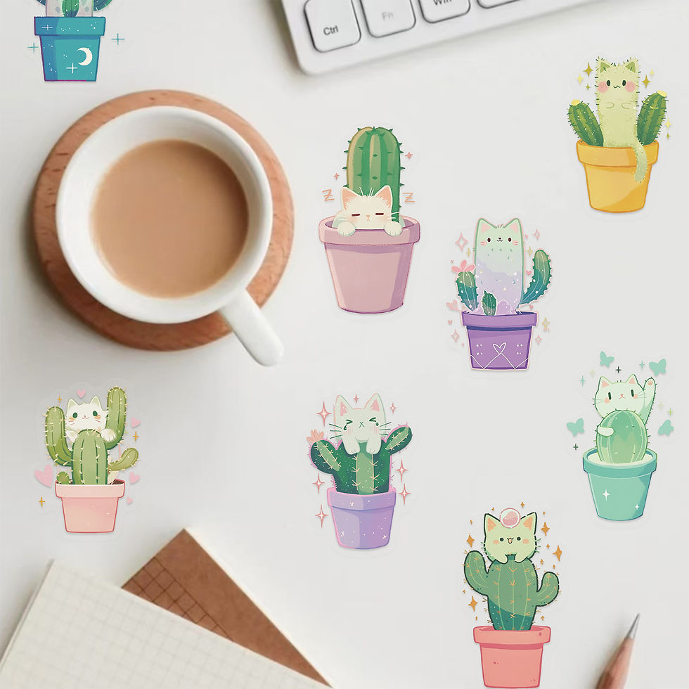 Thumbnail: 50/100PCS Cartoon Cat Cactus Sticker Pack Waterproof Transparent PET Booklet Dec