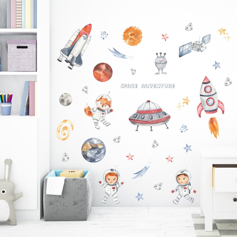 Thumbnail: Watercolor Solar System Space Wall Sticker Baby Nurery Kids Room Planets Rockets