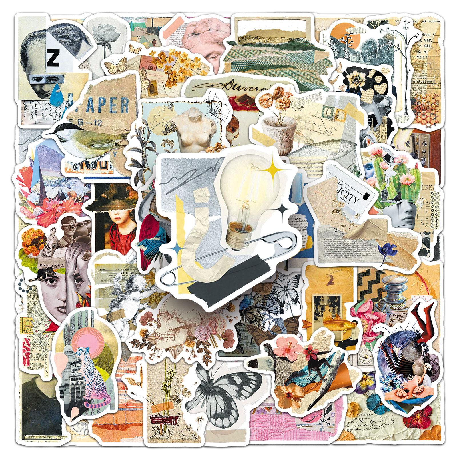 50/100PCS Cartoon Newspaper Collage Creative Stickers Retro Art Broken Fragments