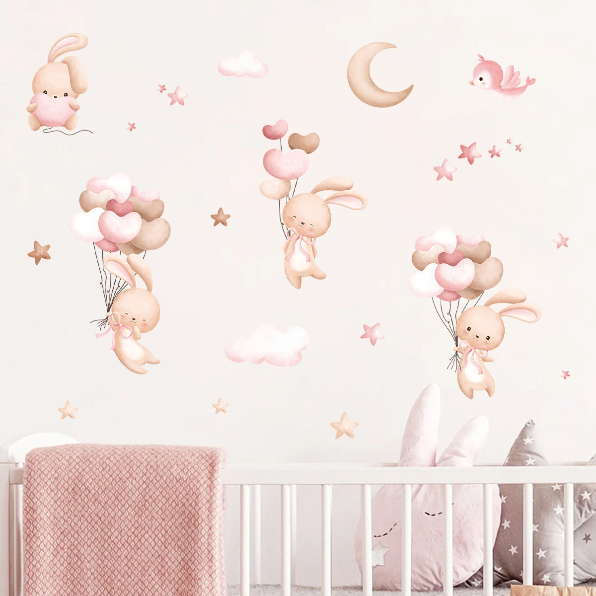 Pink Cartoon Bear Balloon Wall Stickers for Kids Room Decoration Baby Girls Baby