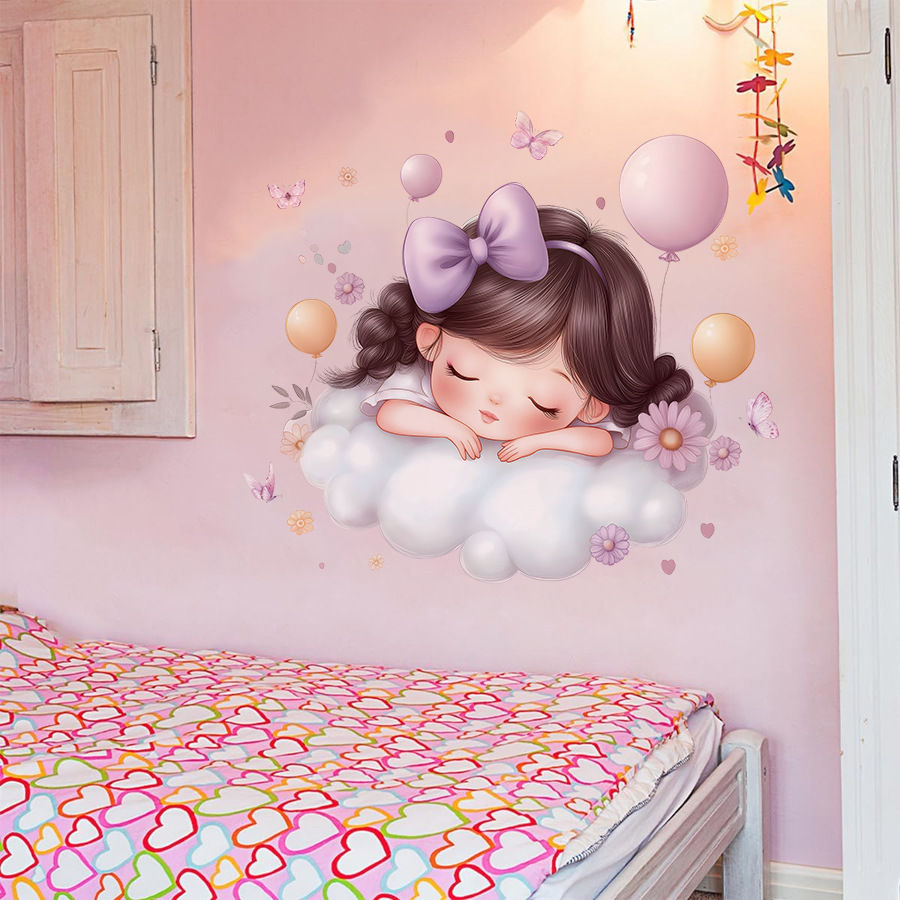 Thumbnail: Cute Cartoon Girl Cloud Balloon Wall Sticker Nursery Kids Room Decor Removable S