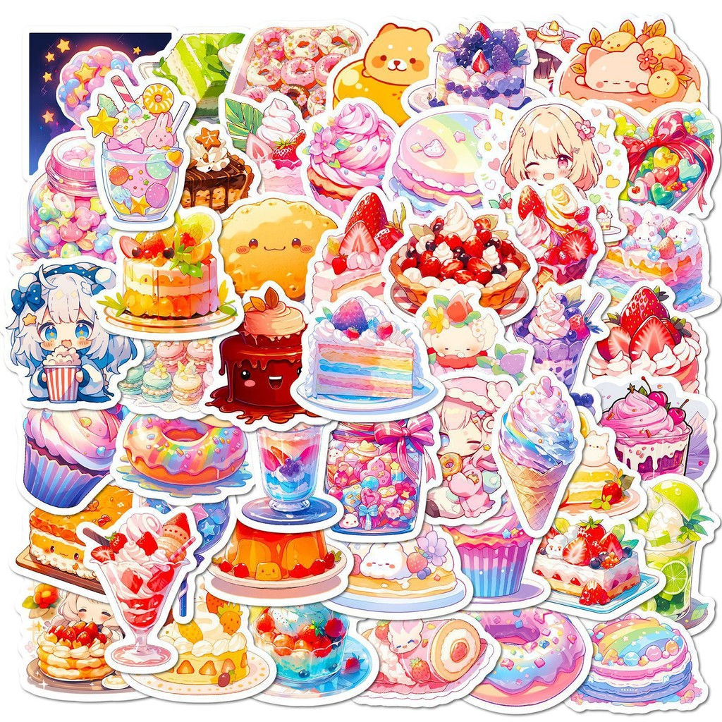 50PCS Cute Dessert Stickers - Cartoon Lovely Playful Food Stickers for Milk Tea,