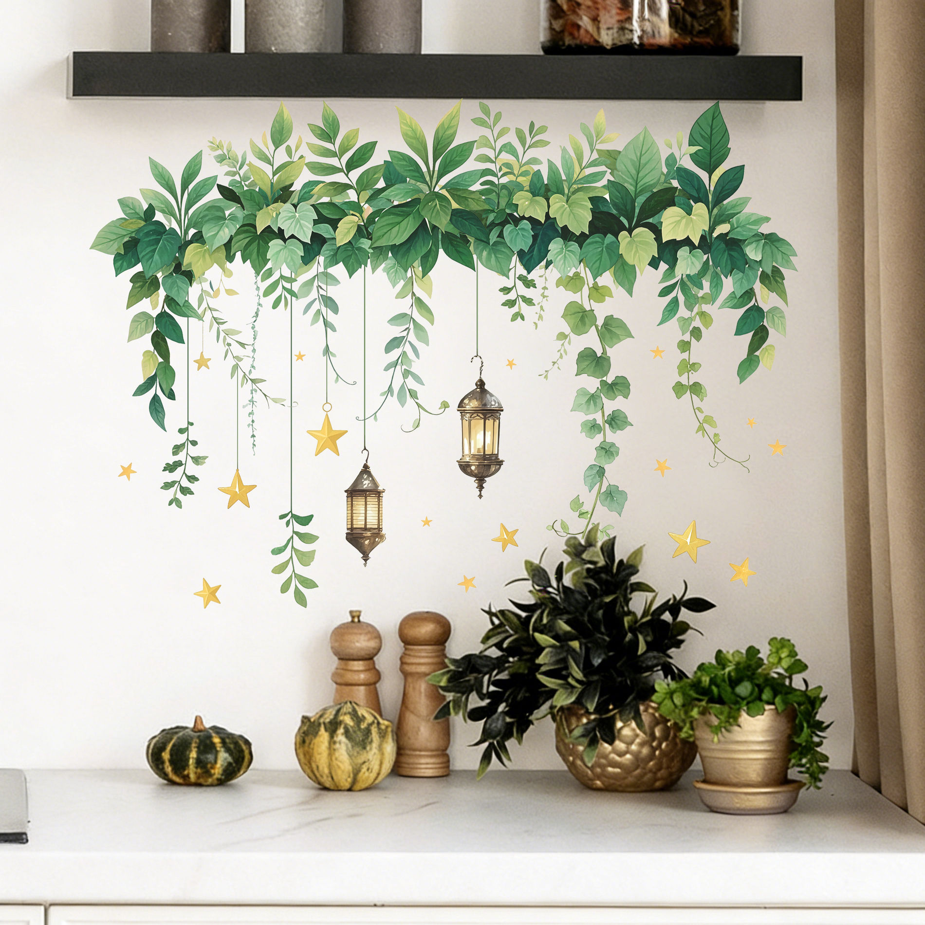 Fresh Green Plant Vine Hanging Lamp Wall Decal for Bedroom Living Room Kitchen H