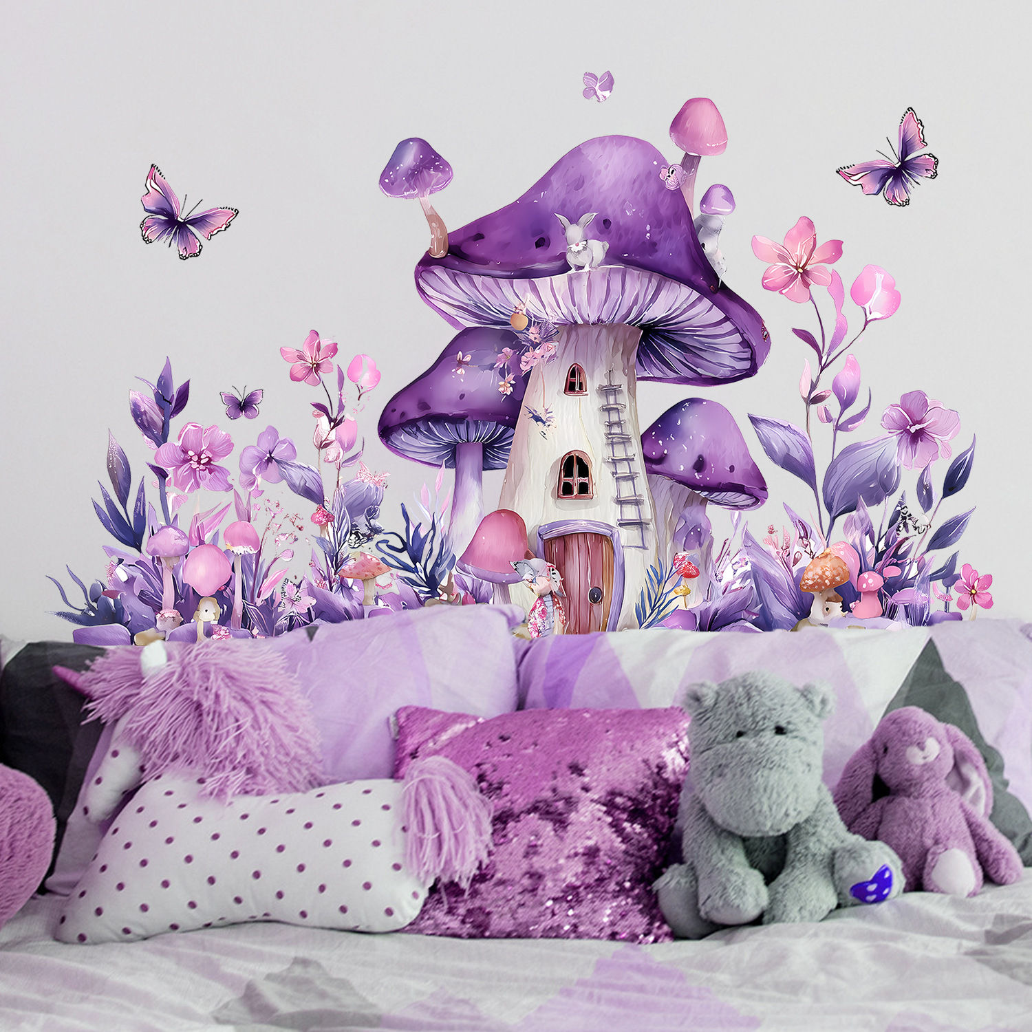 Cartoon Purple Mushroom House Flower Butterfly Wall Stickers For Children's Roo