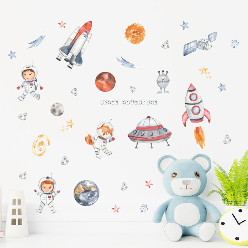 Thumbnail: Watercolor Solar System Space Wall Sticker Baby Nurery Kids Room Planets Rockets