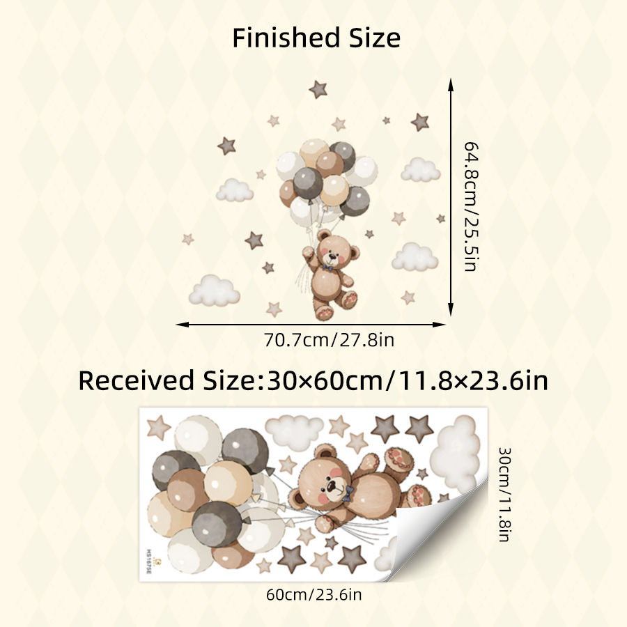 Thumbnail: Adorable Teddy Bear Wall Decals Removable Decor With Balloons Stars & Clouds For