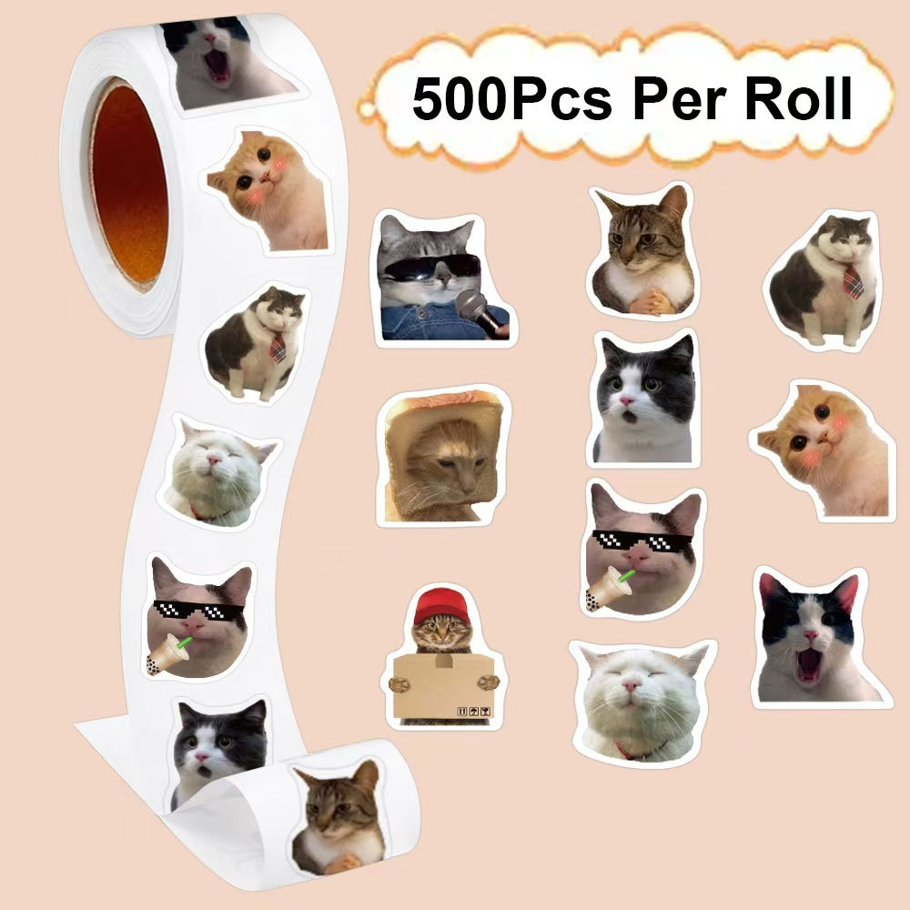 500PCS Funny Stickers Cat Cartoon Roll Stickers Animal Packaging Stickers Photoc