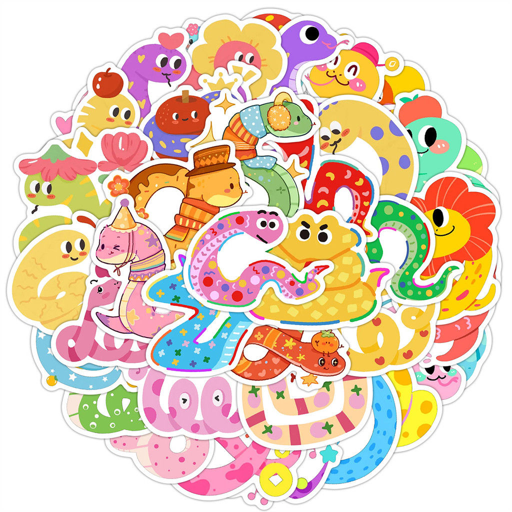 50-Sheet Kawaii Snake Doodle Stickers - Waterproof Vinyl Decals for Cups, Phones