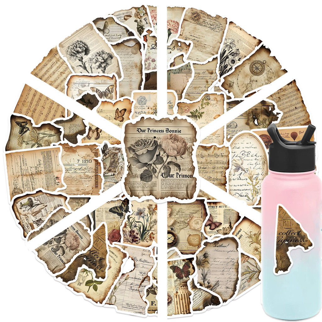 50 Pcs Vintage Burned Text Stickers - Waterproof PVC Decals for Phone, Journal &
