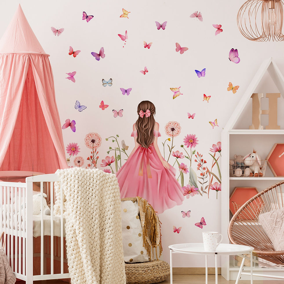 Thumbnail: Cartoon Girl Flowers Butterflies Wall Stickers For Children's Room Kids Baby Bed