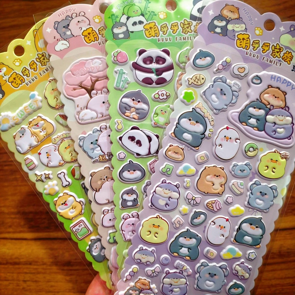 Cute Animal Puffy Stickers 4-Pack – Kawaii Panda & Friends Decals for Scrapboo