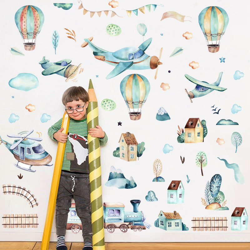 Thumbnail: Watercolor Train Airplane Hot Air Balloon Clouds Wall Stickers For Children's Ro