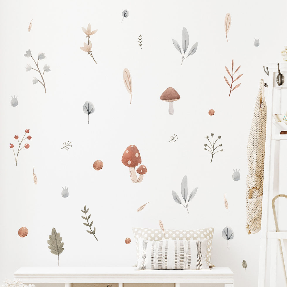 Thumbnail: Boho Watercolor Mushroom & Leaves Wall Decal, Neutral Tone Botanical Removable N