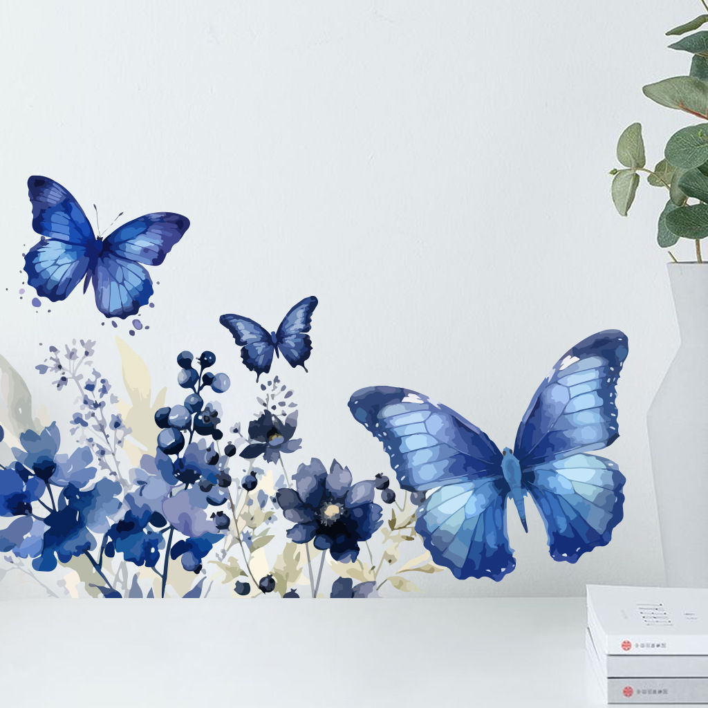 Blue Butterfly Flower Wall Sticker For Living Room Wardrobe Bedroom Decals Water