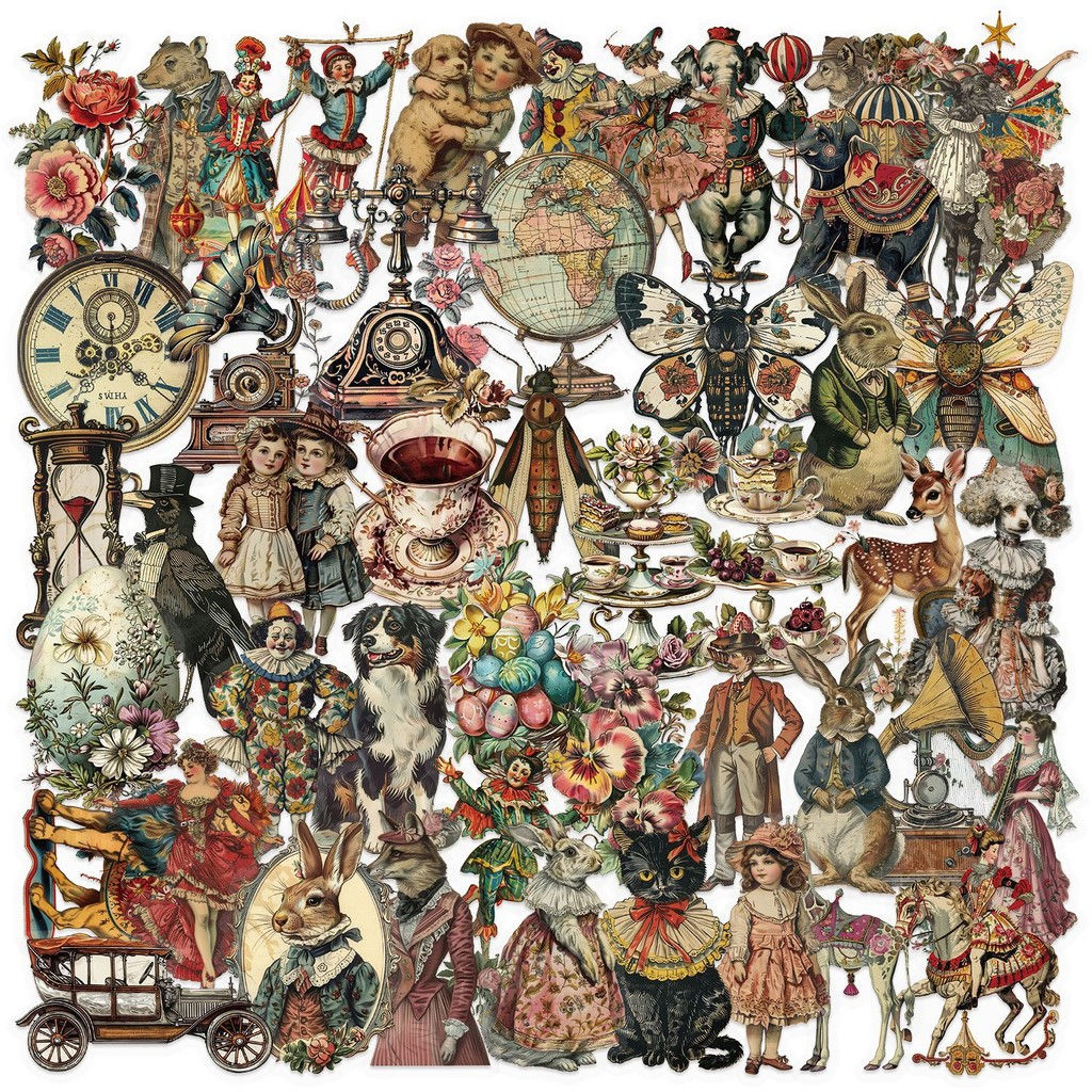 50PCS Transparent Victorian Era Sticker Pack - Waterproof Clear PET for Scrapboo