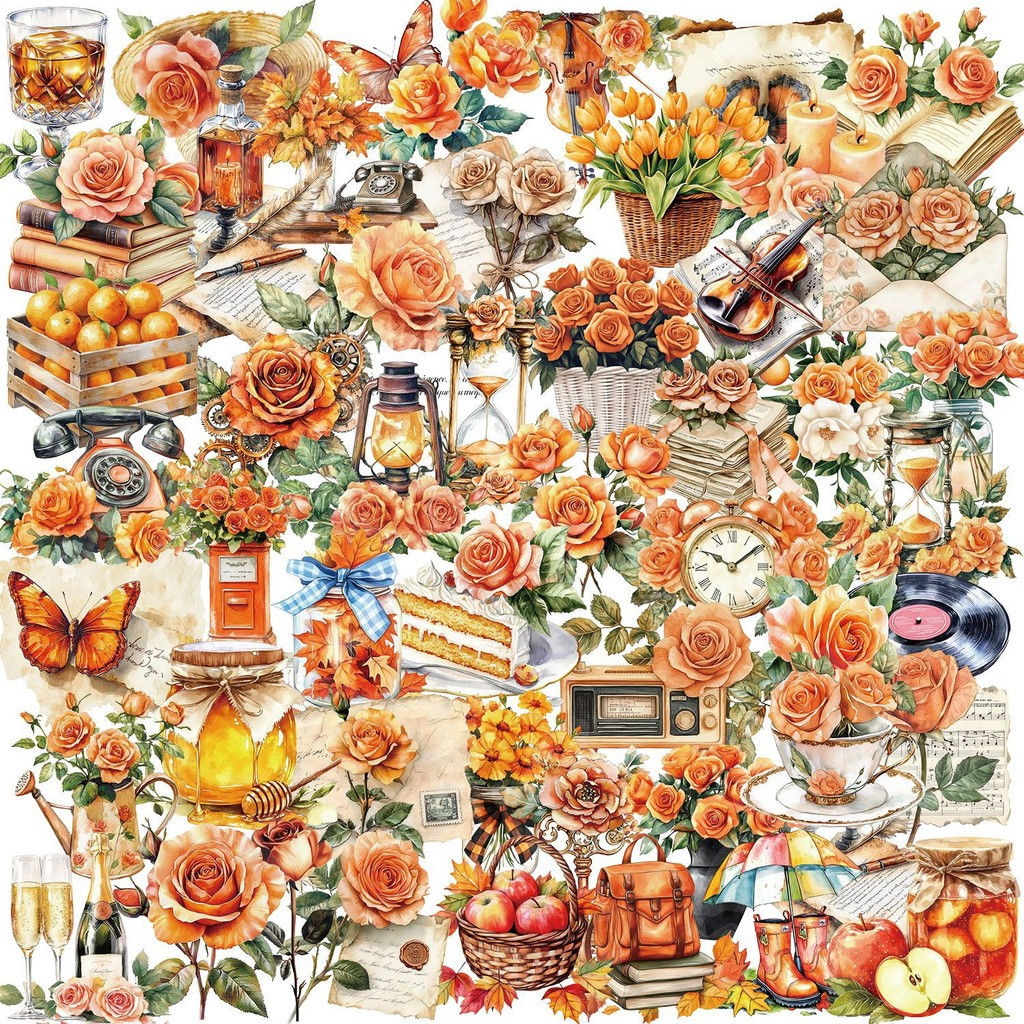 50PCS Transparent INS Orange Flower Bud Sticker Pack - Waterproof Clear PET for