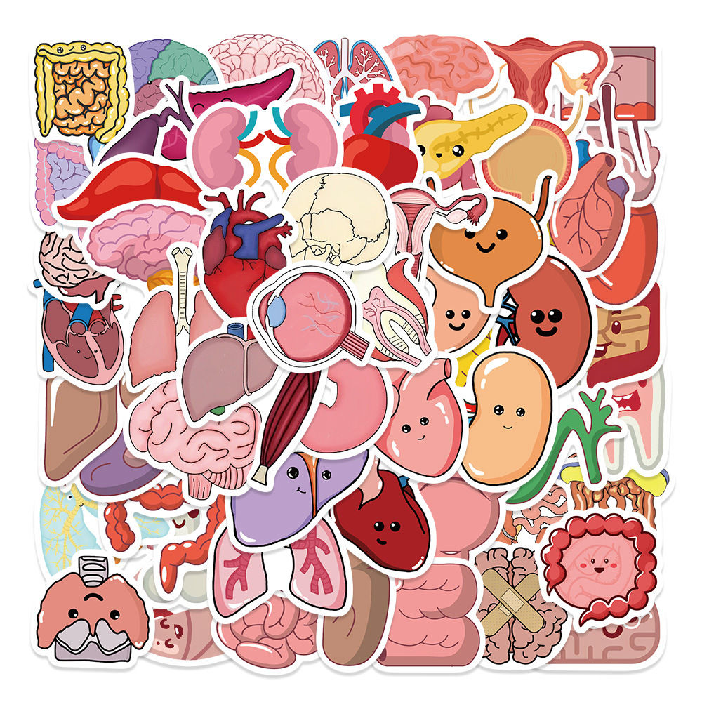 65Pcs Cartoon Colorful Heart Brain Organ Doodle Stickers - Luggage/Fridge/Notebo