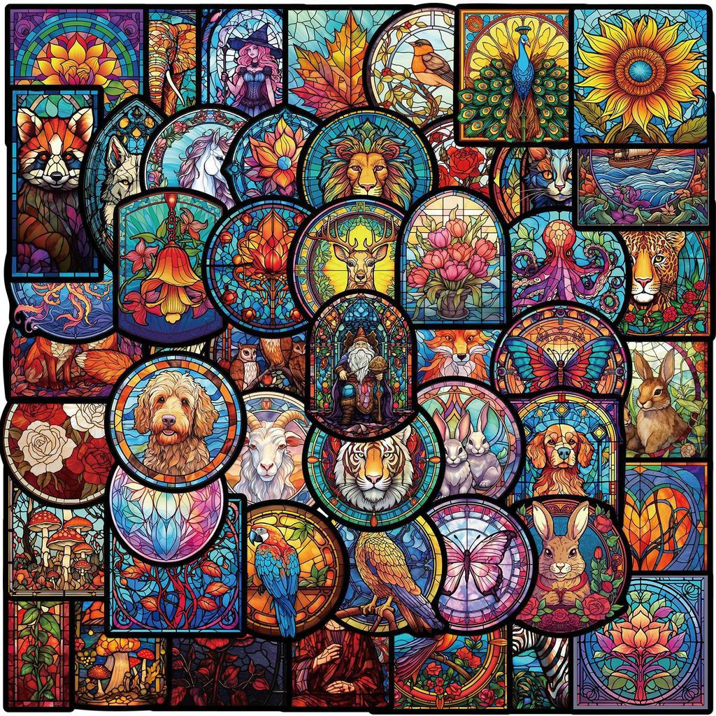 50Pcs Cartoon Stained Glass Graffiti Stickers Waterproof DIY Decals for Guitar N