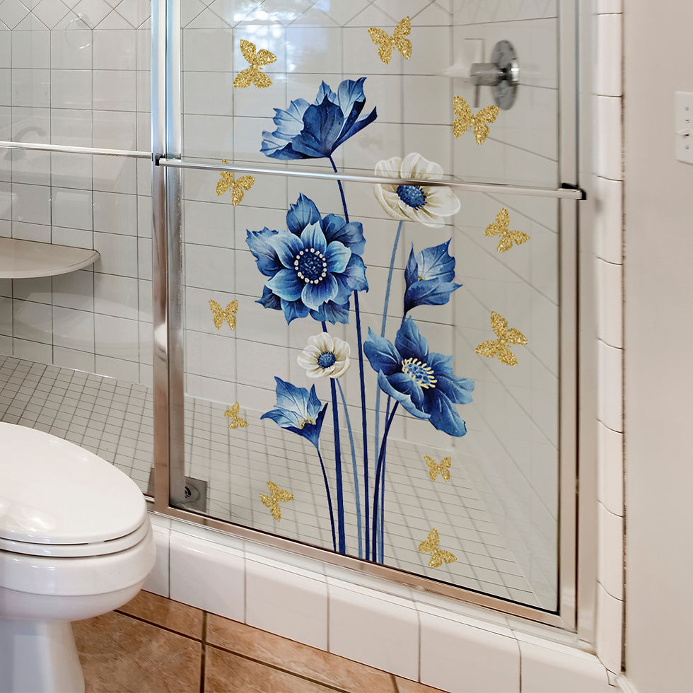Thumbnail: Waterproof Blue Flower & Gold Butterfly Wall Decal, Removable Bathroom & Shower 