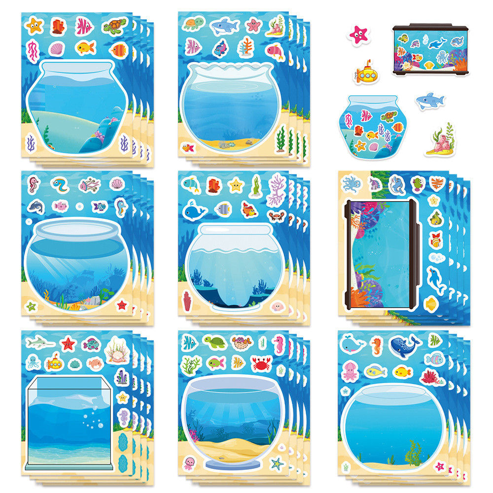 8 Pieces Fish Tank Marine Animal Scenery Puzzle Stickers Kids' Cartoon DIY Puzzl