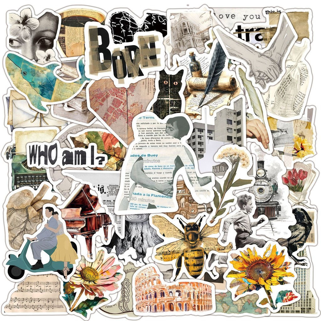 50pcs Retro Newspaper Stickers | Waterproof Urban Art Decals for Guitars & Tech