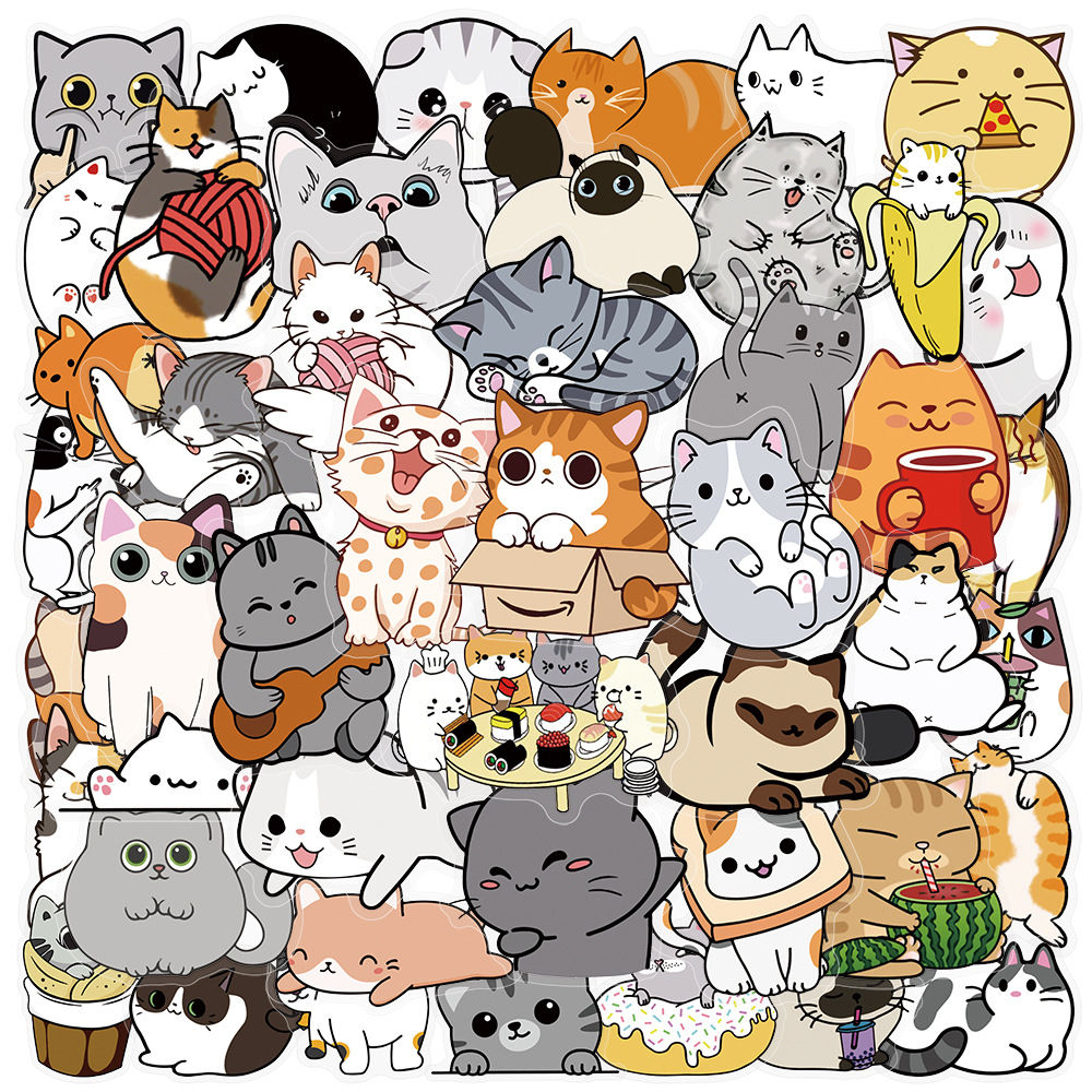 50Pcs Transparent PET Cute Cat Graffiti Stickers Luggage Notebook, Waterproof Re